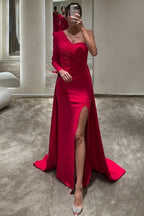 Elegant Red One-Shoulder Prom Dress with Front Split Court Mermaid Style BM bride