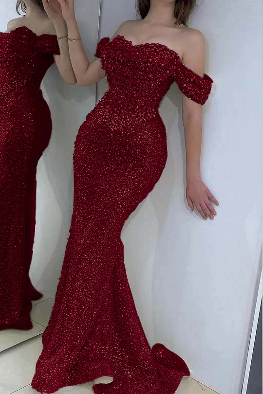 Off the Shoulder Strapless Sleeveless Long Prom Dress With Sequins BMBRIDE