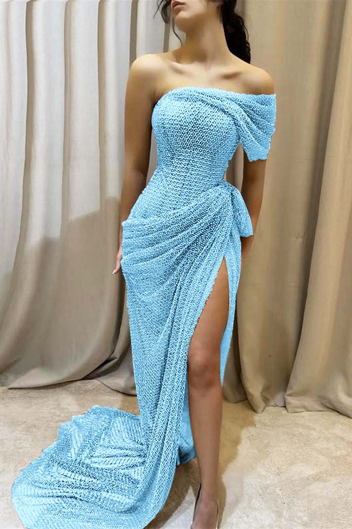 Sequins One Shoulder Sleeveless Long Prom Dress With Split Pleated