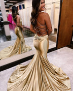 Glamorous Golden Sleeveless V-Neck Backless Mermaid Prom Dress BM bride