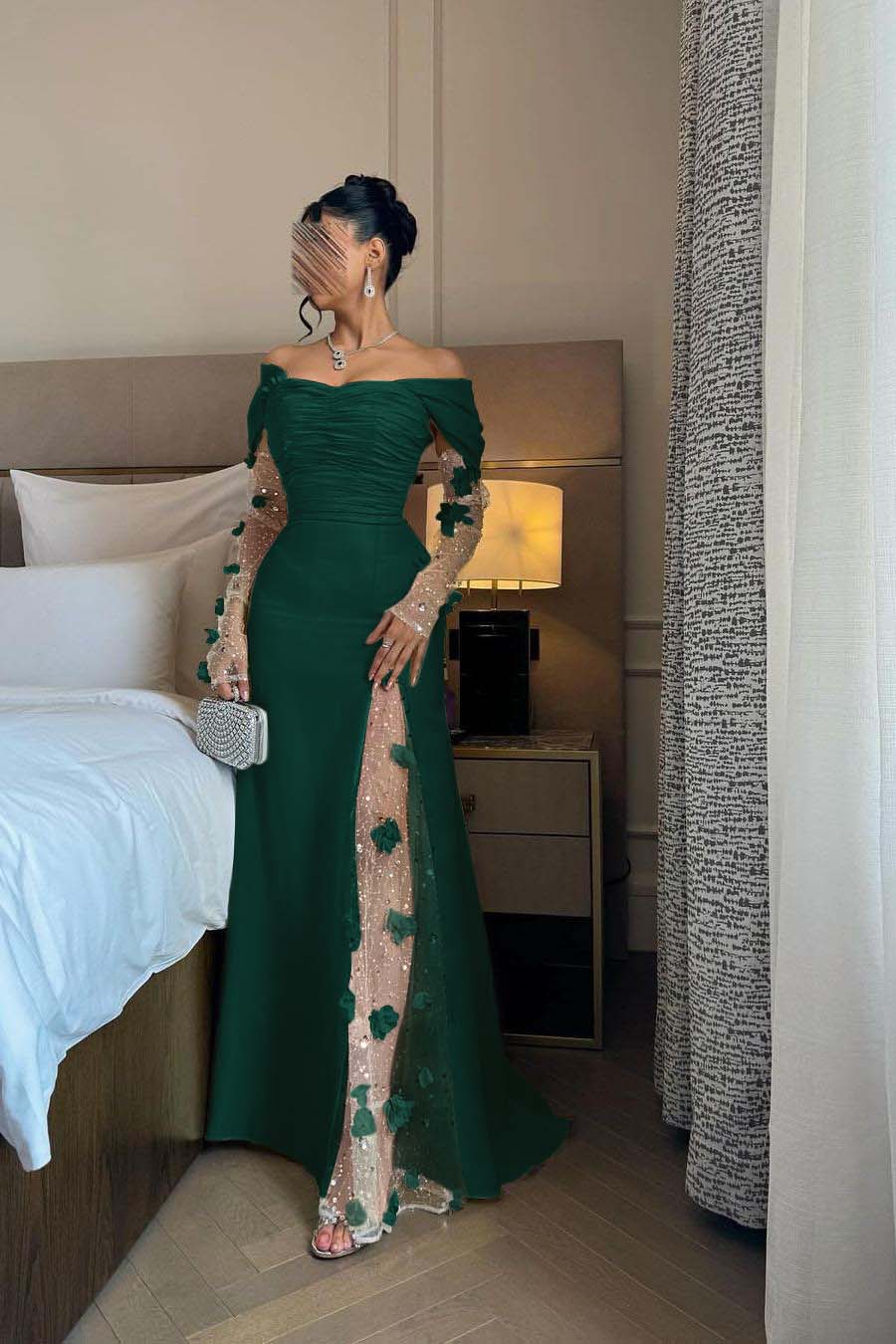 Off the Shoulder Long Sleeves Long Prom Dress With Split Appliques BMBRIDE