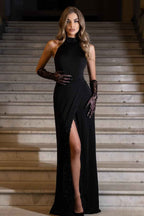 High Neck Sleeveless Mermaid Split Long Prom Dress With Gloves