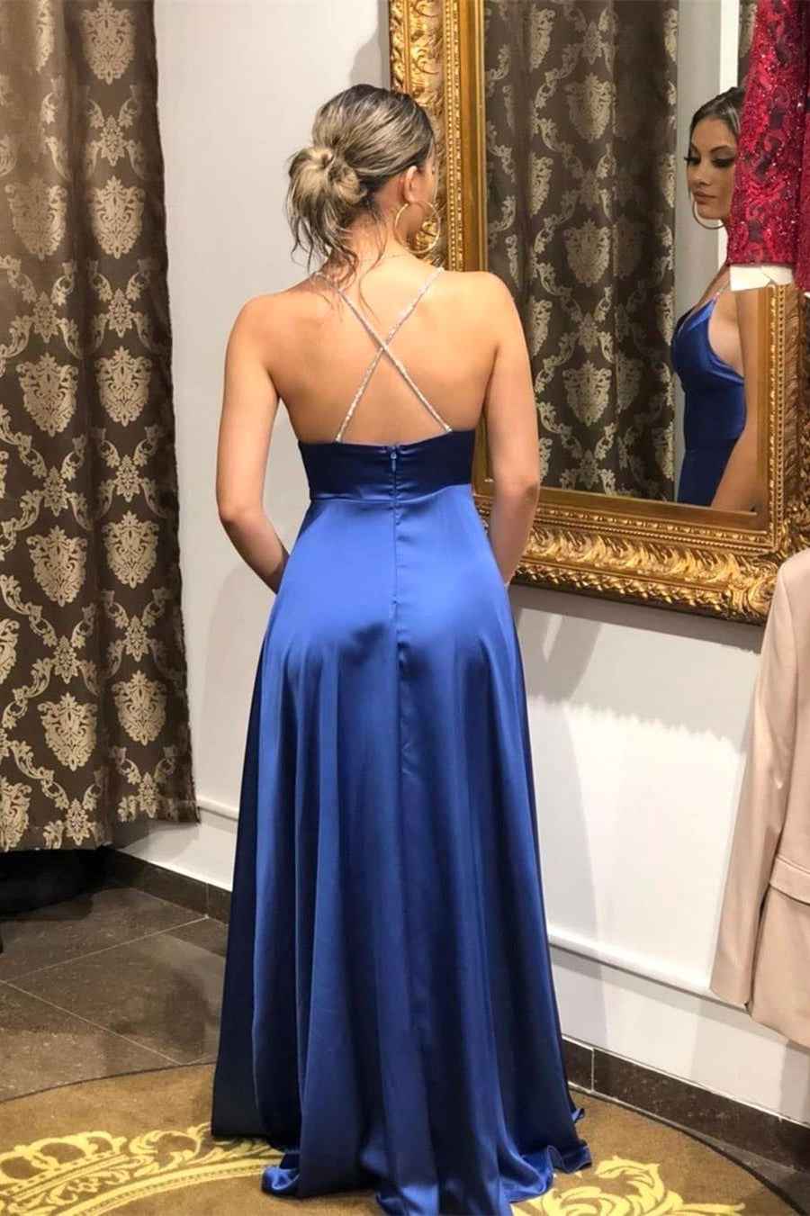 Chic Long Royal Blue Sleeveless Prom Dress Spaghetti Strap With Front Split