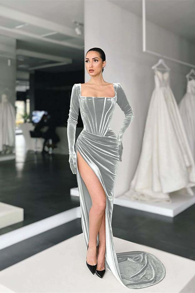 Stunning Square Neck Long Sleeves Pleated Long Prom Dress With Side Split BMBRIDE