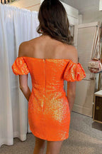 Orange Off the Shoulder Sequins Tight Homecoming Dress with Slit