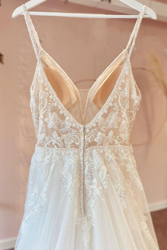Modest V-Neck Long A-Line Tulle Wedding Dress with Spaghetti Straps and Lace Appliques BM bride