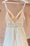 Modest V-Neck Long A-Line Tulle Wedding Dress with Spaghetti Straps and Lace Appliques BM bride