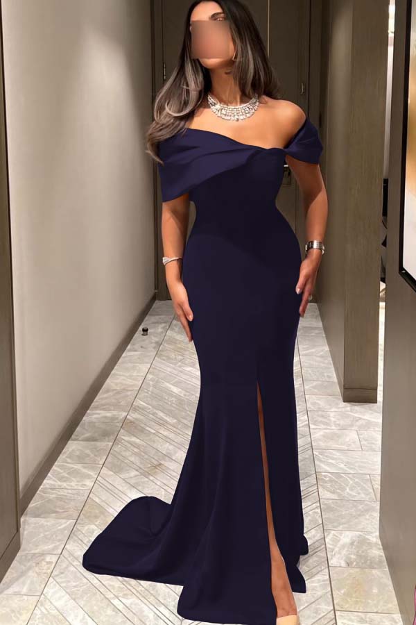 Off the Shoulder Sleeveless Long Mermaid Prom Dress With Pleated BMBRIDE