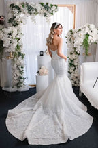 Sweetheart Floor-Length Backless Mermaid Wedding Dress with Lace Appliques BM bride