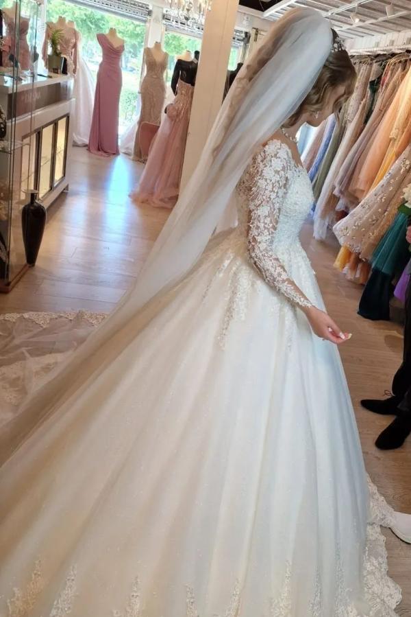Gorgeous White A-Line V-Neck Lace Wedding Dress with Long Sleeves BM bride