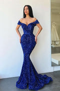 Royal Blue Sweetheart Off-The-Shoulder Mermaid Evening Dress with Sequins BM bride