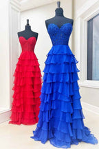 A Line Sweetheart Light Blue Long Tiered Chiffon Prom Dress with Appliques