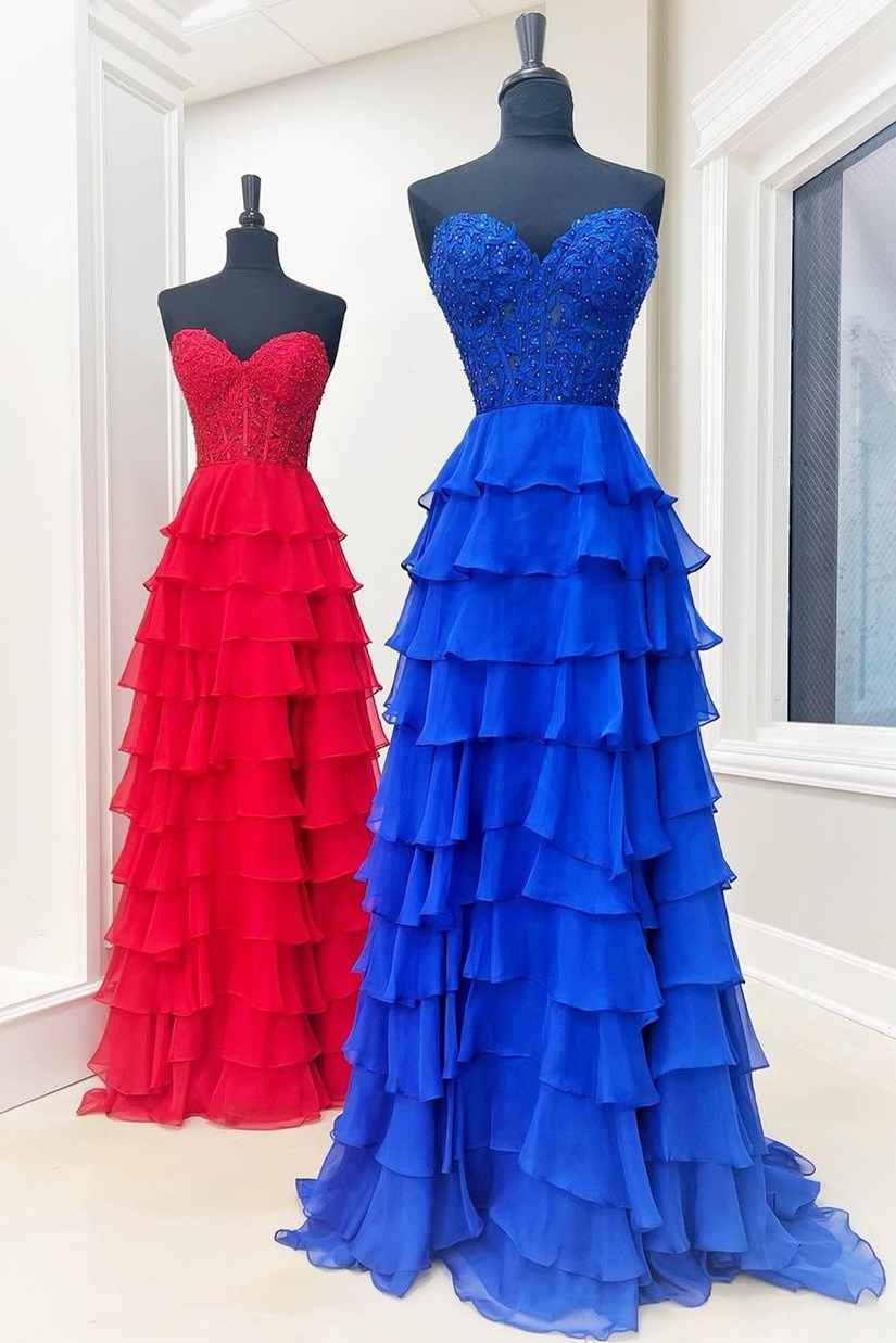 A Line Sweetheart Light Blue Long Tiered Chiffon Prom Dress with Appliques