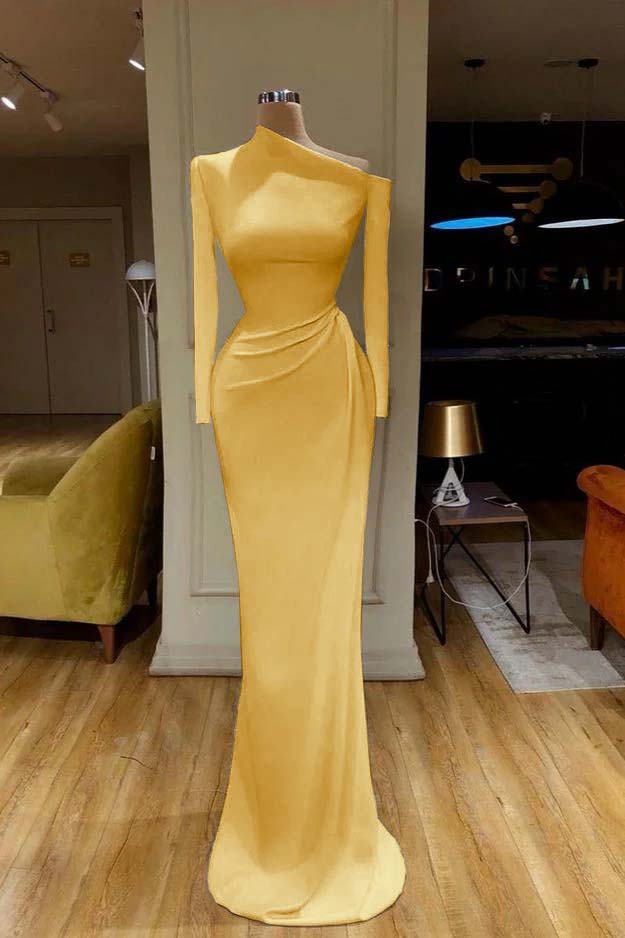Charming White One Shoulder Mermaid Long Sleeves Prom Dress With Pleated BMBRIDE