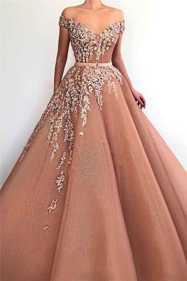 Off the Shoulder Sleeveless Appliques Elegant V Neck Long Prom Dress With Belt