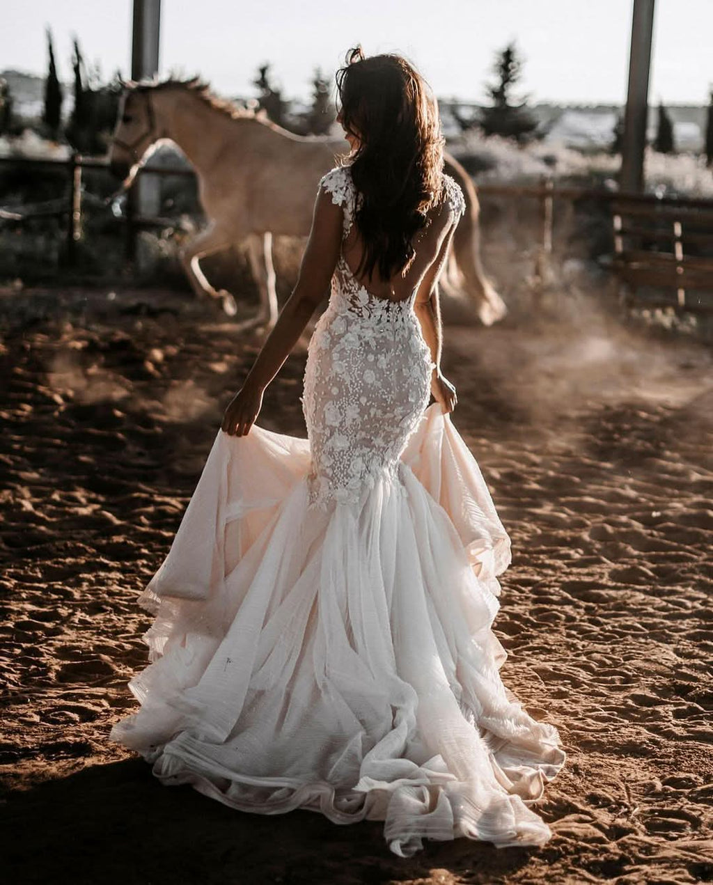 Sweetheart Backless Long Mermaid Wedding Dress with Tulle Lace BM bride
