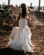Sweetheart Backless Long Mermaid Wedding Dress with Tulle Lace BM bride
