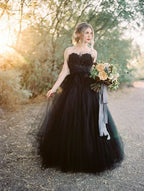 Classy Black Sweetheart Long Wedding Dress with Open Back and Lace Tulle BM bride