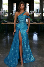 Blue One-Shoulder Evening Dress with Sequin Slit BM bride