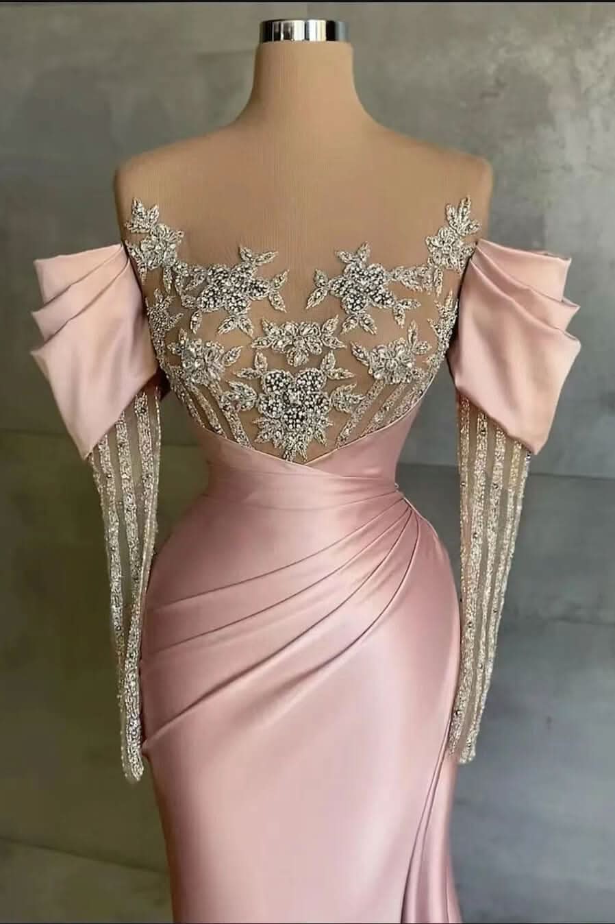 Pink Off-The-Shoulder Front Split Mermaid Prom Dress with Beadings and Appliques BM bride
