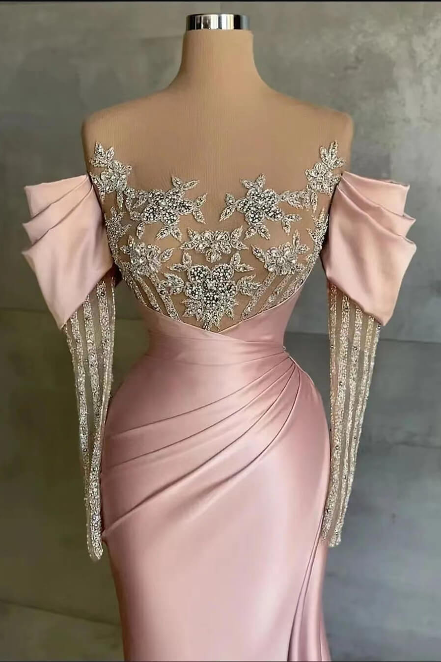 Pink Split Mermaid Long Sleeves Prom Dress Beadings With Appliques Off the Shoulder