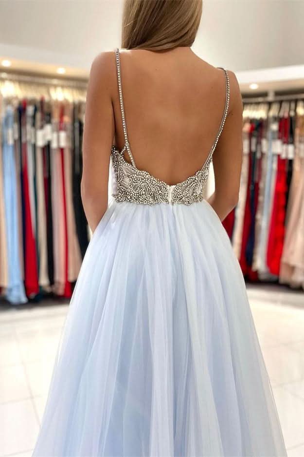 Light Sky Blue Spaghetti-Straps Tulle Long Prom Dress with Beads BM bride