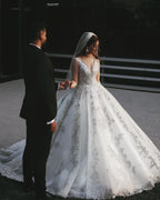 Long Princess V-Neck Wedding Dress with Lace and Tulle Appliques BM bride