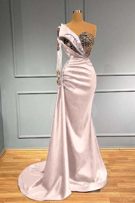 Dark Blue Long Sleeve One Shoulder Pleated Mermaid Prom Dress With Beadings BMBRIDE