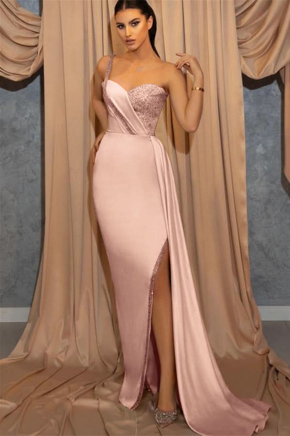 Sky Blue One-Shoulder Spaghetti-Strap Sweetheart Mermaid Evening Dress with Sequins Split BM bride