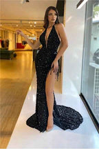 Black Sequins Halter Sleeveless Mermaid Prom Dress With High Split