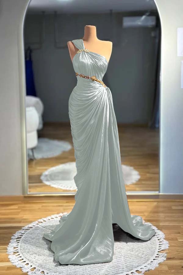One Shoulder Sleeveless Long Mermaid Prom Dress With Pleated BMBRIDE