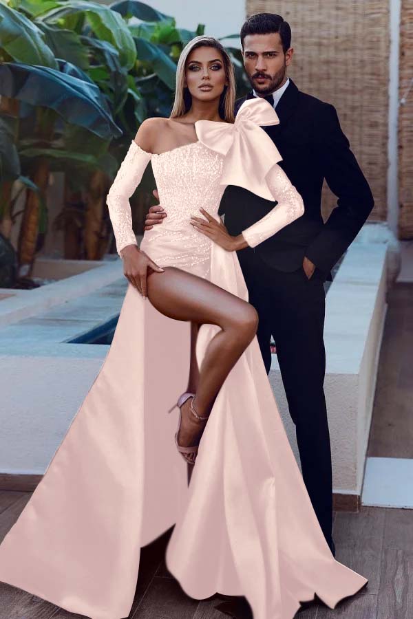 Long Sleeves Strapless Bowknot Burgundy Sequins Mermaid Prom Dress With Split BMBRIDE