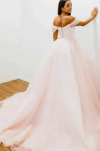 Blushing Pink Off-The-Shoulder Evening Dress with V-Neck and Strapless Tulle BM bride
