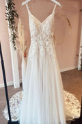 Beautiful Long A-Line Tulle Backless Wedding Dress with Lace Appliques BM bride