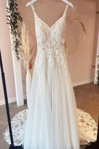 Beautiful Long A-Line Tulle Backless Wedding Dress with Lace Appliques BM bride