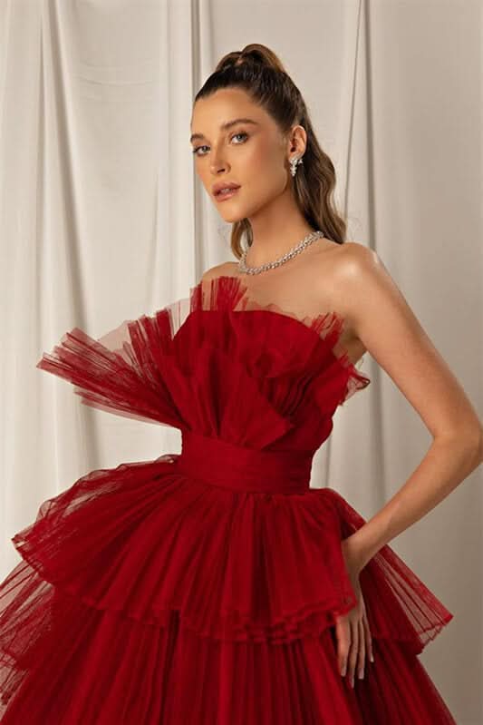 Burgundy Strapless Mermaid Evening Dress Online with Layers BM bride
