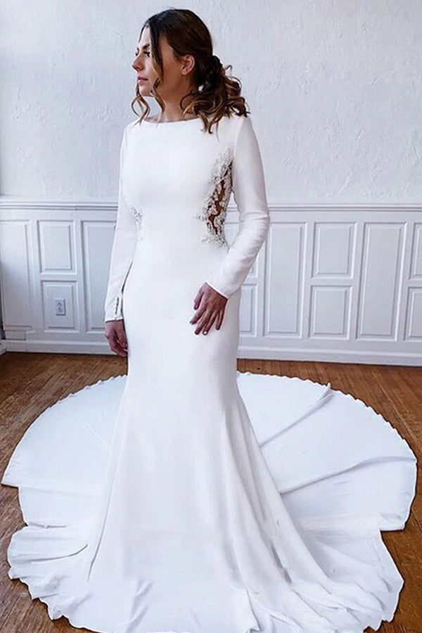Simple Long Sleeve Illusion Lace Back Sheath Wedding Dress with Understated Elegance BM bride