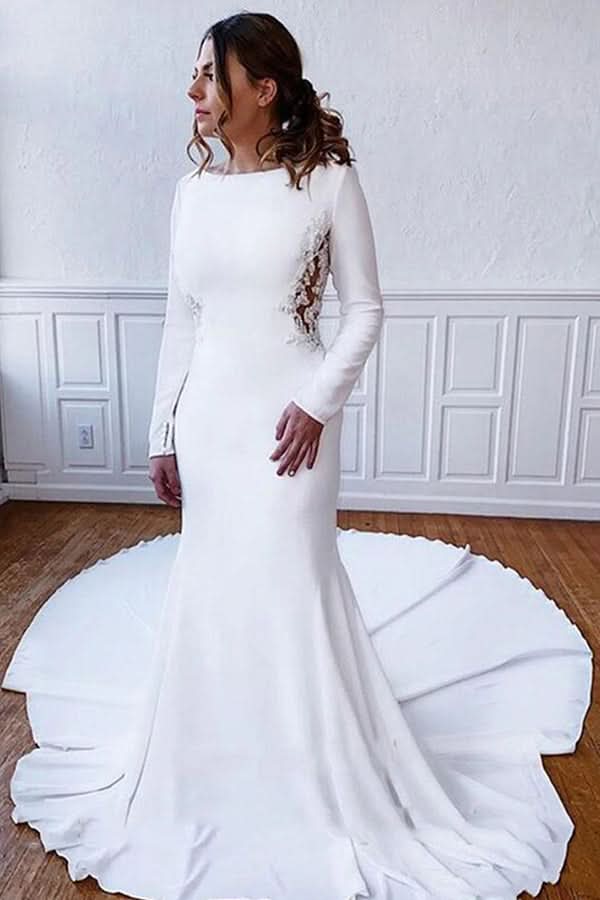 Simple Long Sleeve Illusion Lace Back Sheath Wedding Dress with Understated Elegance BM bride