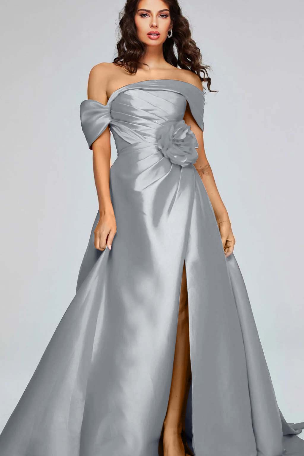 Off the Shoulder Sleeveless Long Split Prom Dress With Pleated BMBRIDE