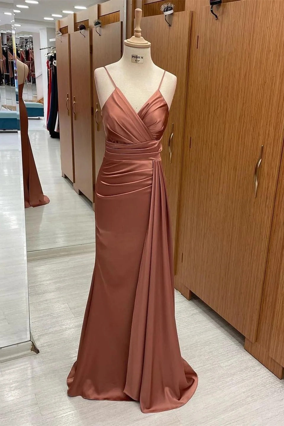 Spaghetti Strap Sleeveless Long Mermaid Prom Dress With Pleated BMBRIDE