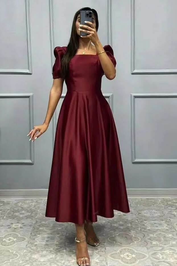 Elegant Square A-Line Prom Dress with Short Sleeves BM bride