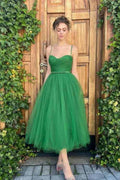 Tulle Spaghetti Strap Sweetheart Sleeveless Prom Dress With Belt