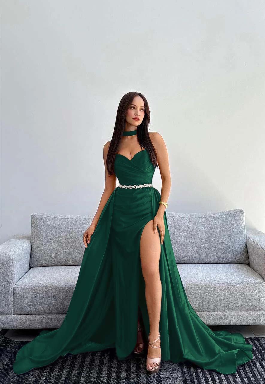 Black Halter Strapless Sweetheart  Sleeveless Mermaid Split Prom Dress With Gloves