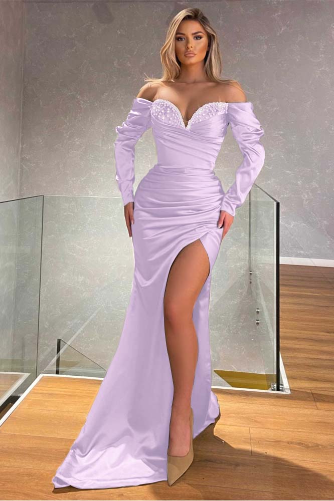 Off the Shoulder Long Sleeves Mermaid Long Prom Dress With Beading BMBRIDE