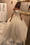 Off-the-Shoulder Long Sleeve Ball Gown Wedding Dress with Lace Appliques BM bride
