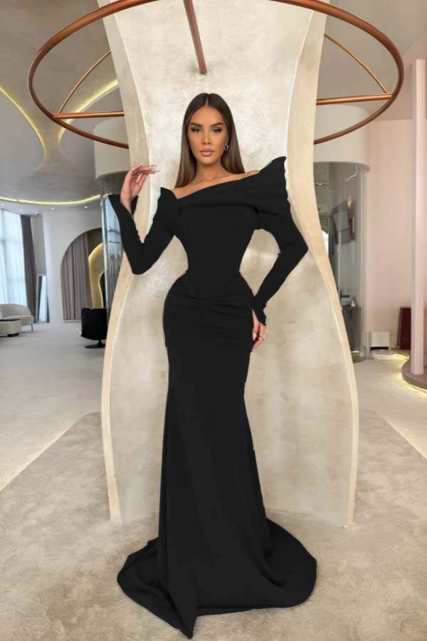 Off the Shoulder Long Sleeves Long Mermaid Prom Dress With Pleated BMBRIDE