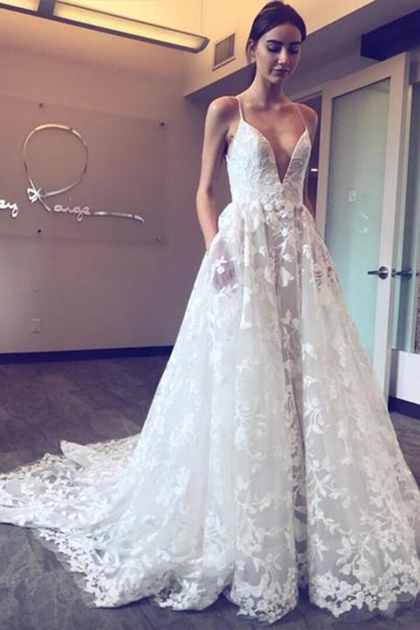 Boho Spaghetti Strap A-Line V-Neck Wedding Dress with Appliques BM bride