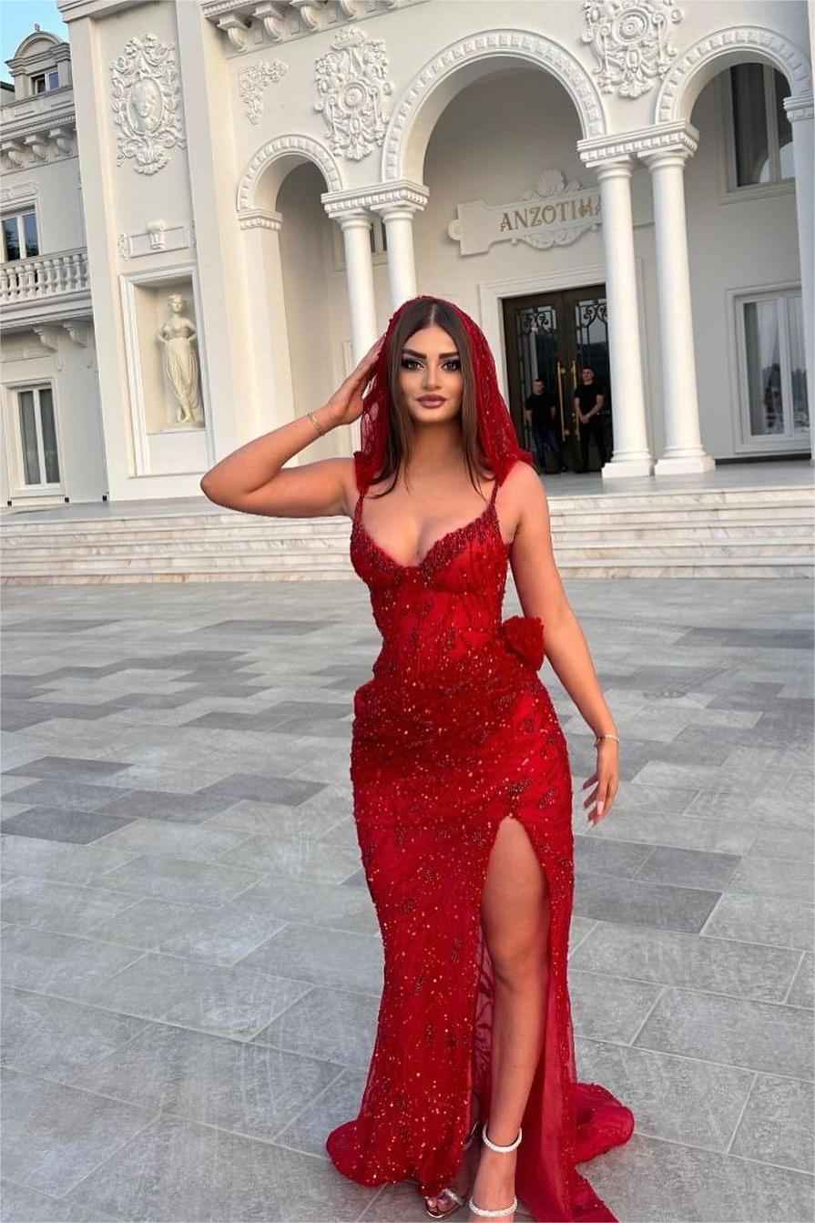 Stunning Red Sequins Spaghetti Strap Sleeveless Long Prom Dress With Split