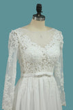 Long Sleeve Bateau A-Line Chiffon Floor-Length Wedding Dress with Ruffles BM bride