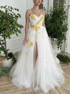 Charming Spaghetti Strap Split Appliques White Floor Length Prom Dress
